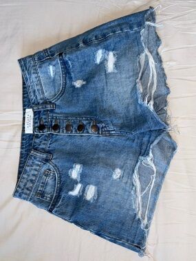 High-Rise Distressed Blue Denim Shorts with Button Fly